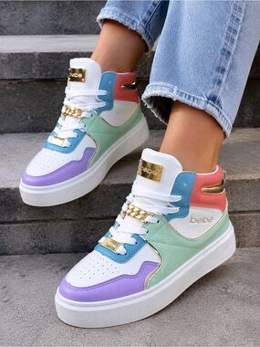 bebe Pastel Colorblock High-Top Sneakers with Gold Accents Size 6.5 Y2K 2000s